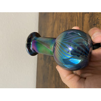 VTG Glass Eye Studio Dark Iridescent PULLED FEATHER Art Glass Vase 4.5"H SIGNED