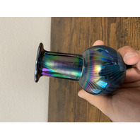 VTG Glass Eye Studio Dark Iridescent PULLED FEATHER Art Glass Vase 4.5"H SIGNED