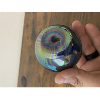 VTG Glass Eye Studio Dark Iridescent PULLED FEATHER Art Glass Vase 4.5"H SIGNED