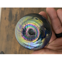 VTG Glass Eye Studio Dark Iridescent PULLED FEATHER Art Glass Vase 4.5"H SIGNED