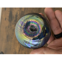 VTG Glass Eye Studio Dark Iridescent PULLED FEATHER Art Glass Vase 4.5"H SIGNED