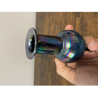 VTG Glass Eye Studio Dark Iridescent PULLED FEATHER Art Glass Vase 4.5"H SIGNED