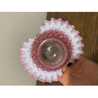 VTG FENTON Cranberry Opalescent Hobnail Ruffled Rim Glass Basket 8"H
