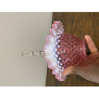 VTG FENTON Cranberry Opalescent Hobnail Ruffled Rim Glass Basket 8"H