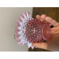 VTG FENTON Cranberry Opalescent Hobnail Ruffled Rim Glass Basket 8"H