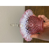VTG FENTON Cranberry Opalescent Hobnail Ruffled Rim Glass Basket 8"H