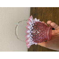 VTG FENTON Cranberry Opalescent Hobnail Ruffled Rim Glass Basket 8"H