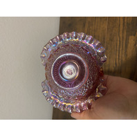 VTG FENTON Pink Iridescent FINE CUT & BLOCK Ruffled Rim Art Glass Basket 8.25"H