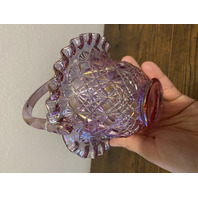 VTG FENTON Pink Iridescent FINE CUT & BLOCK Ruffled Rim Art Glass Basket 8.25"H