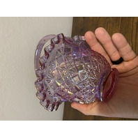 VTG FENTON Pink Iridescent FINE CUT & BLOCK Ruffled Rim Art Glass Basket 8.25"H