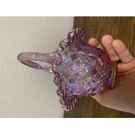 VTG FENTON Pink Iridescent FINE CUT & BLOCK Ruffled Rim Art Glass Basket 8.25"H