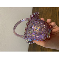 VTG FENTON Pink Iridescent FINE CUT & BLOCK Ruffled Rim Art Glass Basket 8.25"H