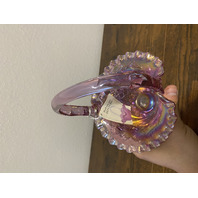 VTG FENTON Pink Iridescent FINE CUT & BLOCK Ruffled Rim Art Glass Basket 8.25"H
