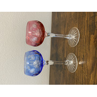 VTG Bohemian Cut To Clear Glass Floral Etched Hock Wine Glasses 7 7/8"H PAIR