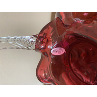 VTG FENTON FENTON Cranberry DRAPERY Clear Twisted Handle Art Glass Basket 10"H