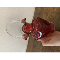 VTG FENTON FENTON Cranberry DRAPERY Clear Twisted Handle Art Glass Basket 10"H