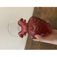 VTG FENTON FENTON Cranberry DRAPERY Clear Twisted Handle Art Glass Basket 10"H
