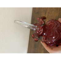 VTG FENTON FENTON Cranberry DRAPERY Clear Twisted Handle Art Glass Basket 10"H