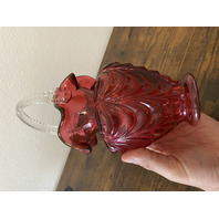 VTG FENTON FENTON Cranberry DRAPERY Clear Twisted Handle Art Glass Basket 10"H