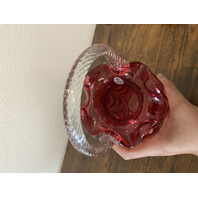 VTG FENTON FENTON Cranberry DRAPERY Clear Twisted Handle Art Glass Basket 10"H