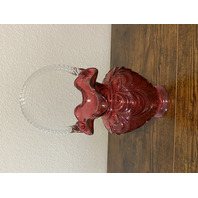 VTG FENTON FENTON Cranberry DRAPERY Clear Twisted Handle Art Glass Basket 10"H