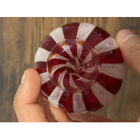 VTG Red & White MURANO LATTICINO Ribbon Small Art Glass Vase 3"H ITALY