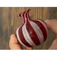 VTG Red & White MURANO LATTICINO Ribbon Small Art Glass Vase 3"H ITALY