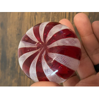 VTG Red & White MURANO LATTICINO Ribbon Small Art Glass Vase 3"H ITALY