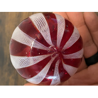 VTG Red & White MURANO LATTICINO Ribbon Small Art Glass Vase 3"H ITALY