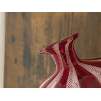 VTG Red & White MURANO LATTICINO Ribbon Small Art Glass Vase 3"H ITALY