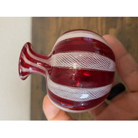 VTG Red & White MURANO LATTICINO Ribbon Small Art Glass Vase 3"H ITALY