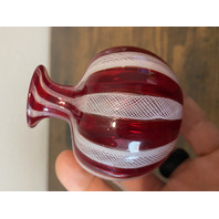 VTG Red & White MURANO LATTICINO Ribbon Small Art Glass Vase 3"H ITALY