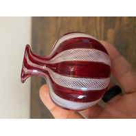 VTG Red & White MURANO LATTICINO Ribbon Small Art Glass Vase 3"H ITALY