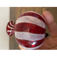 VTG Red & White MURANO LATTICINO Ribbon Small Art Glass Vase 3"H ITALY