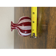 VTG Red & White MURANO LATTICINO Ribbon Small Art Glass Vase 3"H ITALY