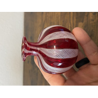VTG Red & White MURANO LATTICINO Ribbon Small Art Glass Vase 3"H ITALY