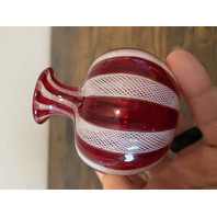 VTG Red & White MURANO LATTICINO Ribbon Small Art Glass Vase 3"H ITALY