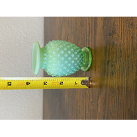 VTG Small UV REACTIVE FENTON Green Opalescent Hobnail Art Glass Vase 3.5"H