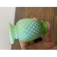 VTG Small UV REACTIVE FENTON Green Opalescent Hobnail Art Glass Vase 3.5"H