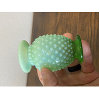 VTG Small UV REACTIVE FENTON Green Opalescent Hobnail Art Glass Vase 3.5"H