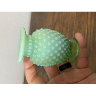 VTG Small UV REACTIVE FENTON Green Opalescent Hobnail Art Glass Vase 3.5"H