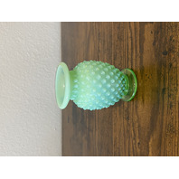 VTG Small UV REACTIVE FENTON Green Opalescent Hobnail Art Glass Vase 3.5"H