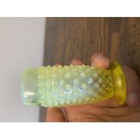 VTG Small UV REACTIVE FENTON Topaz Opalescent Hobnail Fan Art Glass Vase 3.5"H