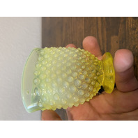 VTG Small UV REACTIVE FENTON Topaz Opalescent Hobnail Fan Art Glass Vase 3.5"H