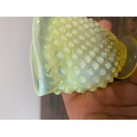 VTG Small UV REACTIVE FENTON Topaz Opalescent Hobnail Fan Art Glass Vase 3.5"H