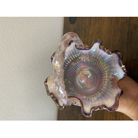 FENTON Iridescent Pink Ribbon Candy Hummingbird Art Glass Basket SIGNED 8"H