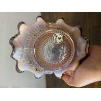 FENTON Iridescent Pink Ribbon Candy Hummingbird Art Glass Basket SIGNED 8"H