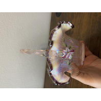 FENTON Iridescent Pink Ribbon Candy Hummingbird Art Glass Basket SIGNED 8"H