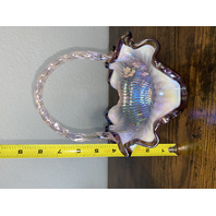 FENTON Iridescent Pink Ribbon Candy Hummingbird Art Glass Basket SIGNED 8"H