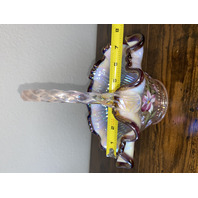 FENTON Iridescent Pink Ribbon Candy Hummingbird Art Glass Basket SIGNED 8"H